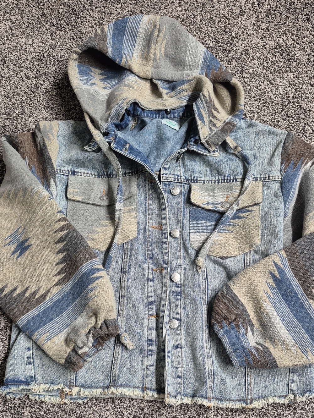 Denim Jacket with Aztec Knit Hood and Sleeves - Blue & Tan